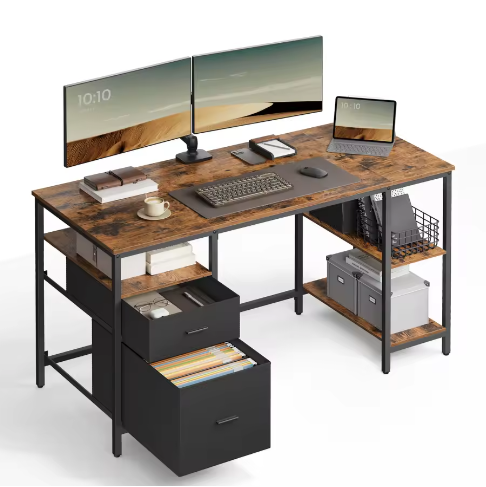 Computertafel met 3 planken en 2 lades – Ruim bureau voor kantoor en woonkamer