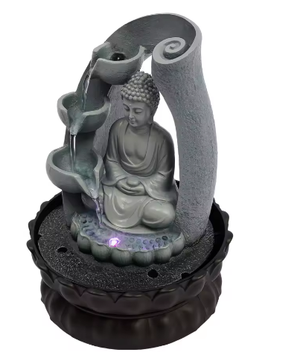 Zen Boeddha Waterfontein – LED Hars Waterval Decor voor Bureau en Feng Shui