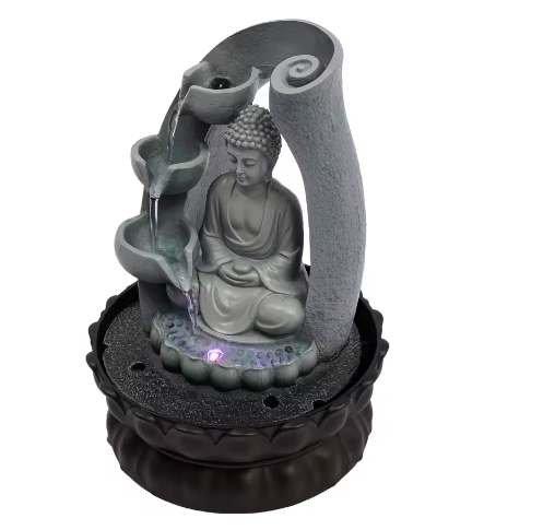 Zen Boeddha Waterfontein – LED Hars Waterval Decor voor Bureau en Feng Shui