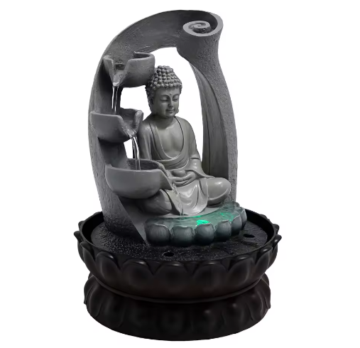 Zen Boeddha Waterfontein – LED Hars Waterval Decor voor Bureau en Feng Shui