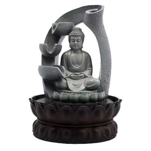 Zen Boeddha Waterfontein – LED Hars Waterval Decor voor Bureau en Feng Shui