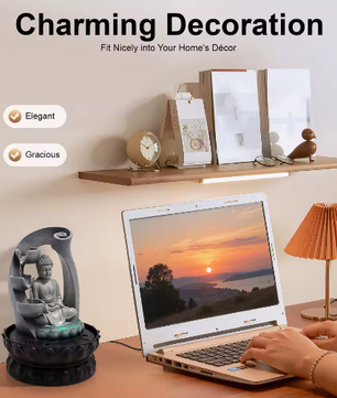 Zen Boeddha Waterfontein – LED Hars Waterval Decor voor Bureau en Feng Shui