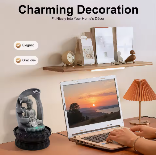 Zen Boeddha Waterfontein – LED Hars Waterval Decor voor Bureau en Feng Shui