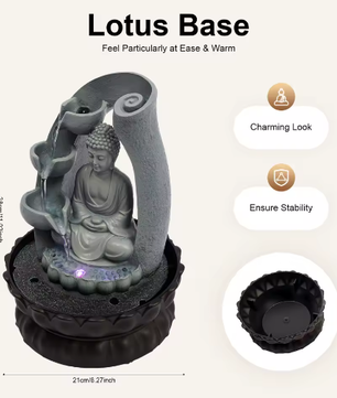Zen Boeddha Waterfontein – LED Hars Waterval Decor voor Bureau en Feng Shui