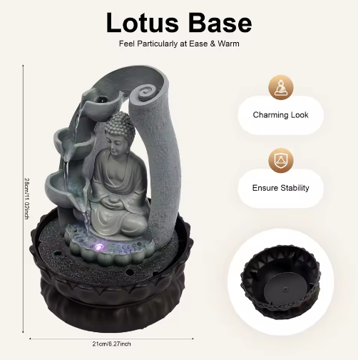 Zen Boeddha Waterfontein – LED Hars Waterval Decor voor Bureau en Feng Shui