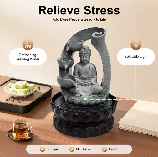 Zen Boeddha Waterfontein – LED Hars Waterval Decor voor Bureau en Feng Shui