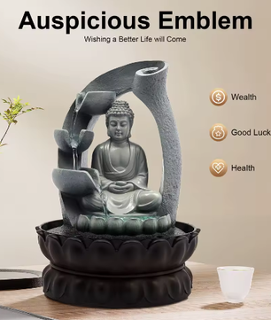 Zen Boeddha Waterfontein – LED Hars Waterval Decor voor Bureau en Feng Shui