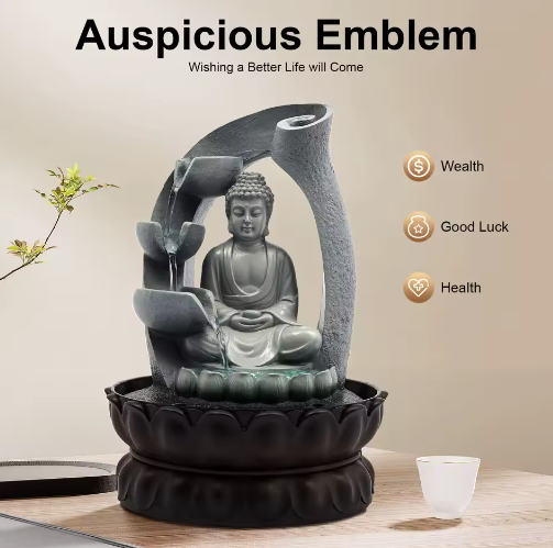 Zen Boeddha Waterfontein – LED Hars Waterval Decor voor Bureau en Feng Shui