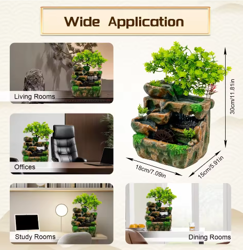 Rotstuin Desktopfontein – LED Binnenwaterval Ornament, Rustgevend Decor