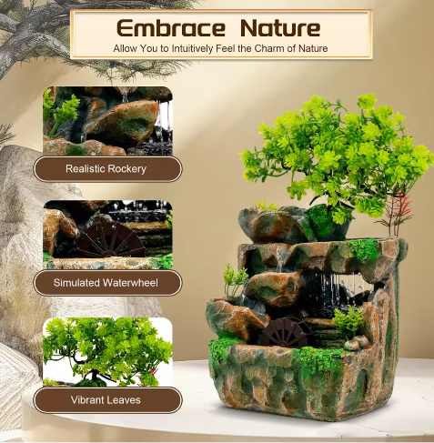 Rotstuin Desktopfontein – LED Binnenwaterval Ornament, Rustgevend Decor
