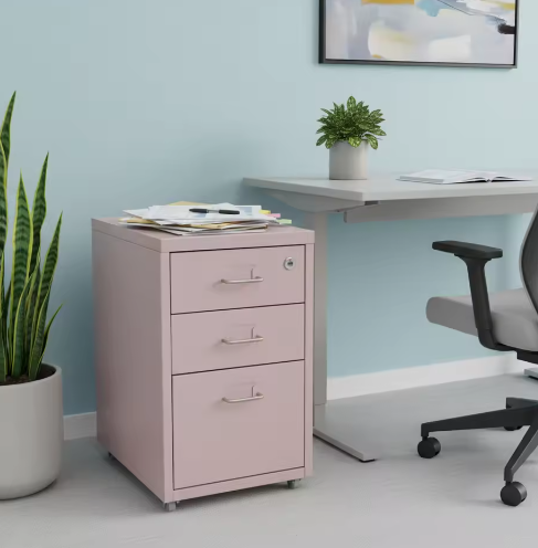 Roze Verticale Archiefkast met 3 Niveaus – Met Slot en Verplaatsbare Laden