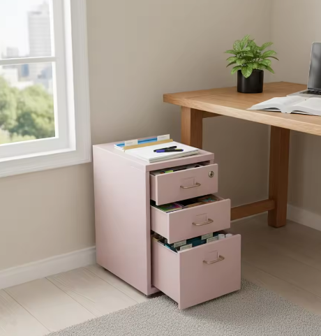 Roze Verticale Archiefkast met 3 Niveaus – Met Slot en Verplaatsbare Laden