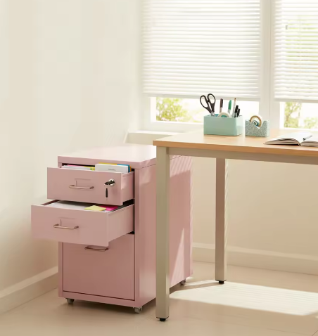 Roze Verticale Archiefkast met 3 Niveaus – Met Slot en Verplaatsbare Laden