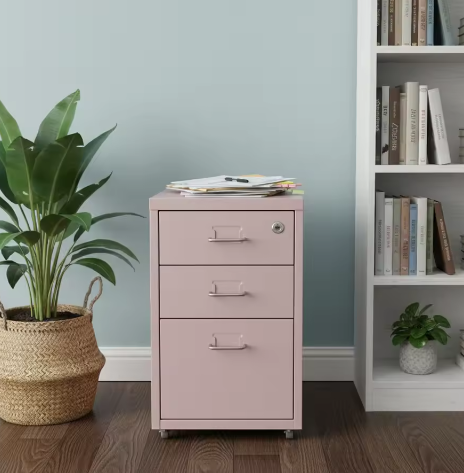 Roze Verticale Archiefkast met 3 Niveaus – Met Slot en Verplaatsbare Laden