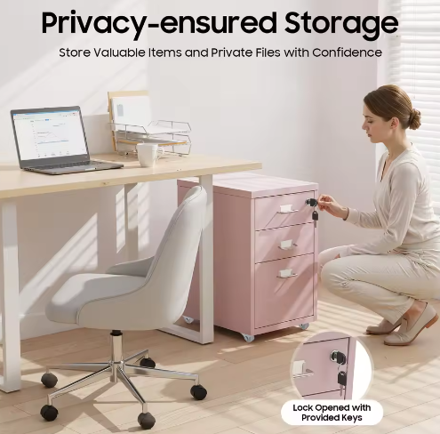 Roze Verticale Archiefkast met 3 Niveaus – Met Slot en Verplaatsbare Laden