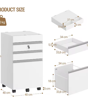 Mobiele Archiefkast met 3 Laden – Afsluitbaar, Extra Opbergruimte, Wit
