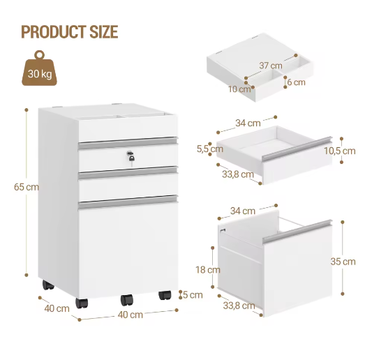 Mobiele Archiefkast met 3 Laden – Afsluitbaar, Extra Opbergruimte, Wit