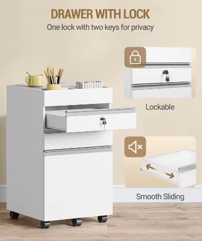 Mobiele Archiefkast met 3 Laden – Afsluitbaar, Extra Opbergruimte, Wit