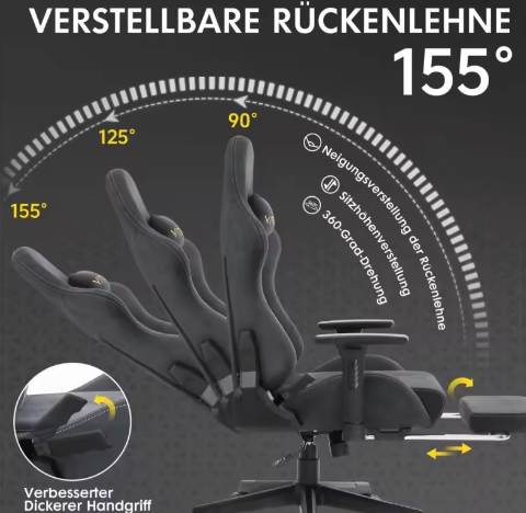 Ergonomische Gamingstoel van Suède met Hoge Rugleuning en Voetsteun