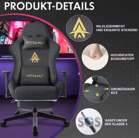 Ergonomische Gamingstoel van Suède met Hoge Rugleuning en Voetsteun
