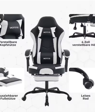 Ergonomische Gamingstoel met Voetsteun – Verstelbare Computerstoel met Lendenkussen en Hoofdsteun