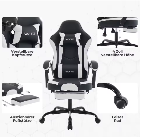 Ergonomische Gamingstoel met Voetsteun – Verstelbare Computerstoel met Lendenkussen en Hoofdsteun