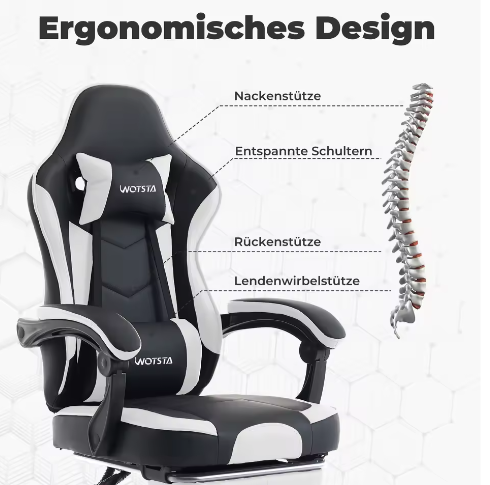 Ergonomische Gamingstoel met Voetsteun – Verstelbare Computerstoel met Lendenkussen en Hoofdsteun