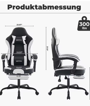 Ergonomische Gamingstoel met Voetsteun – Verstelbare Computerstoel met Lendenkussen en Hoofdsteun