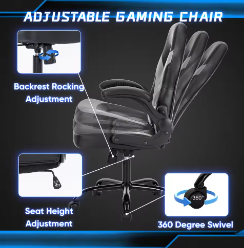 Ergonomische Gaming Bureaustoel van PU-Leer – Verstelbaar met Opklapbare Armleuningen en Schommelfunctie