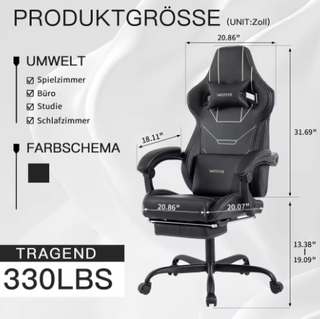 Ergonomische gaming bureaustoel met voetsteun en verstelbare hoogte
