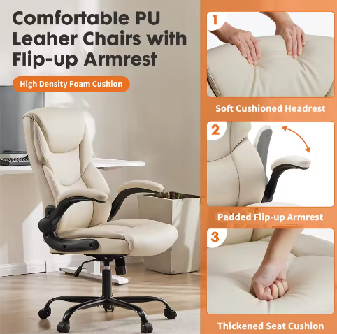 Ergonomische bureaustoel met opklapbare armleuningen – PU-leer, heavy duty en draaibaar