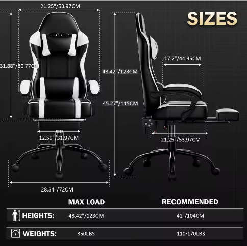 Ergonomische Gamingstoel met Voetsteun – Hoge Rugleuning, Hoofd- en Lumbaalsteun, PU-Lederen Bureaustoel