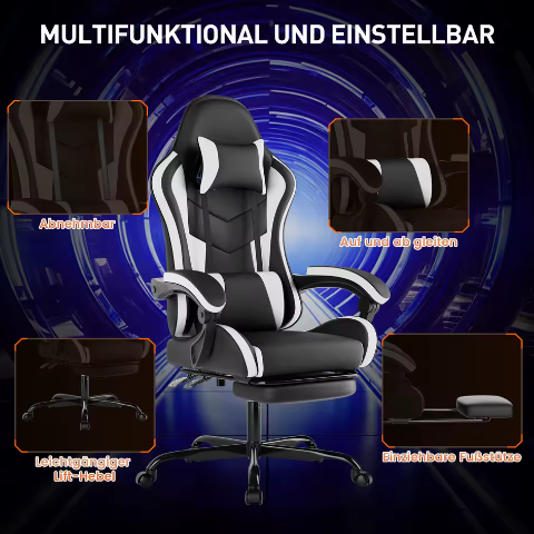 Ergonomische Gamingstoel met Voetsteun – Bureaustoel Met Lendenkussen en Hoofdsteun