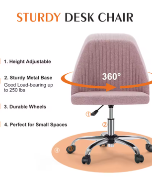 Armloze Verstelbare Bureaustoel met Rugleuning en Wielen – Moderne Draaistoel van Stof voor Thuis en Kantoor