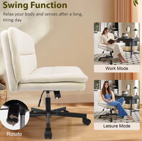 Armloze bureaustoel voor thuiskantoor – ergonomische stoffen kaptafelstoel met gekruiste poten, in hoogte verstelbaar