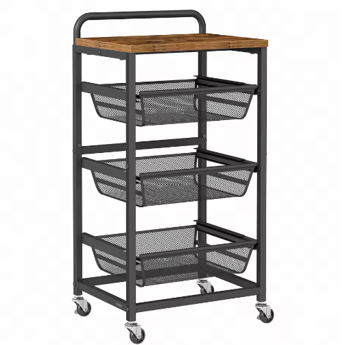 Serveerwagen met 4 Niveaus en 3 Uittrekbare Manden – Verrijdbare Keuken- en Opbergwagen op Wielen