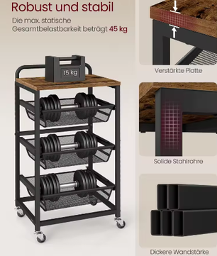 Serveerwagen met 4 Niveaus en 3 Uittrekbare Manden – Verrijdbare Keuken- en Opbergwagen op Wielen
