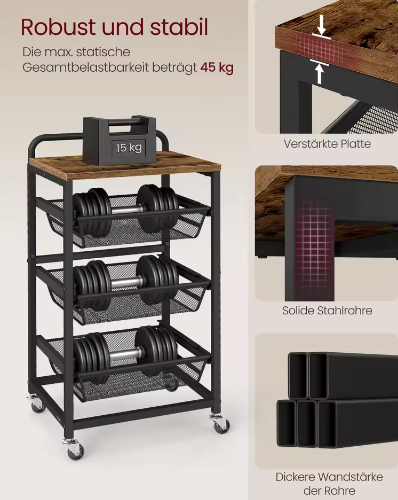 Serveerwagen met 4 Niveaus en 3 Uittrekbare Manden – Verrijdbare Keuken- en Opbergwagen op Wielen