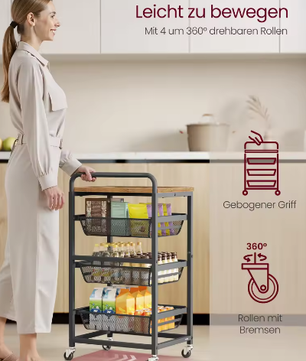 Serveerwagen met 4 Niveaus en 3 Uittrekbare Manden – Verrijdbare Keuken- en Opbergwagen op Wielen