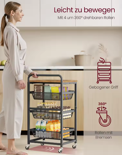 Serveerwagen met 4 Niveaus en 3 Uittrekbare Manden – Verrijdbare Keuken- en Opbergwagen op Wielen