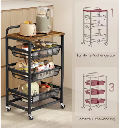 Serveerwagen met 4 Niveaus en 3 Uittrekbare Manden – Verrijdbare Keuken- en Opbergwagen op Wielen