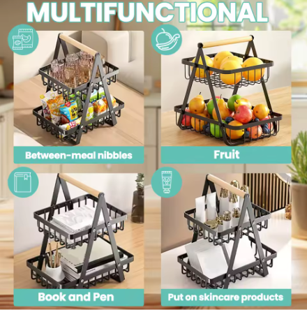 2-Laags Metalen Fruitmand – Afneembare Fruitschaal en Groenterek voor Keuken en Aanrecht