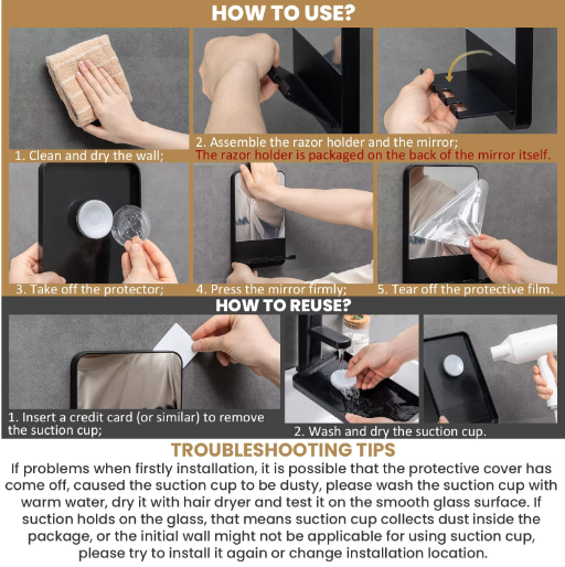 Fogvrije Douche Spiegel met Zuignap en Scheermeshouder – Wandspiegel voor Scheren