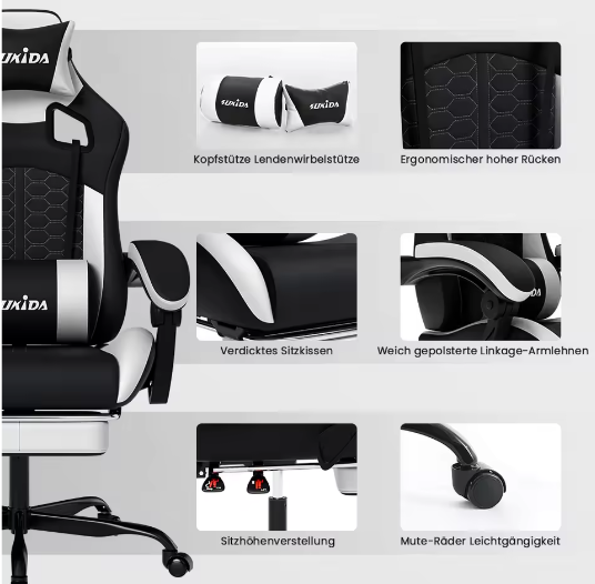 Ergonomische Gamingstoel met Hoofdsteun en Lendensteun – Verstelbare Draaistoel voor Kantoor en Gaming, Comfortabel en Ondersteunend