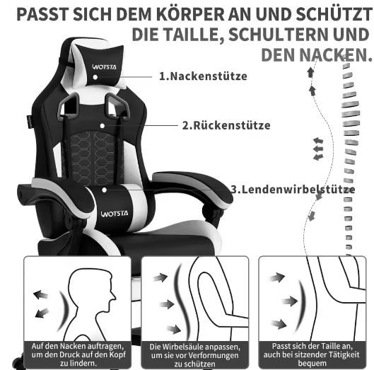 Ergonomische Gamingstoel met Hoofdsteun en Lendensteun – Verstelbare Draaistoel voor Kantoor en Gaming, Comfortabel en Ondersteunend