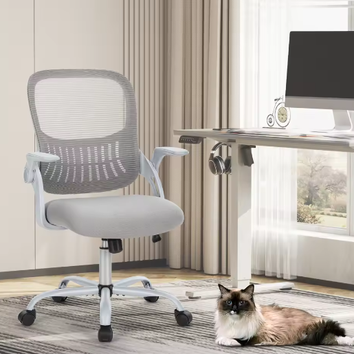 Ergonomische Mesh Bureaustoel met Lendensteun en Flip-Up Armleuningen – Verstelbare Draaistoel met Wielen voor Thuis en Kantoor