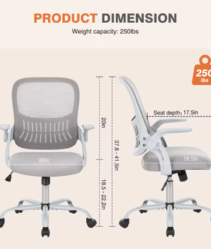 Ergonomische Mesh Bureaustoel met Lendensteun en Flip-Up Armleuningen – Verstelbare Draaistoel met Wielen voor Thuis en Kantoor