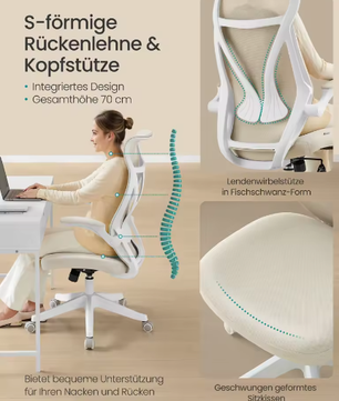 Ergonomische Bureaustoel met Hoofdsteun en Opklapbare Armleuningen – Verstelbare Draaistoel met S-Vormige Rugleuning voor Kantoor en Thuiswerk