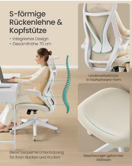 Ergonomische Bureaustoel met Hoofdsteun en Opklapbare Armleuningen – Verstelbare Draaistoel met S-Vormige Rugleuning voor Kantoor en Thuiswerk