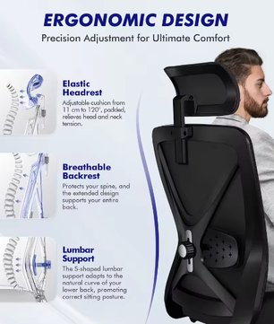 Ergonomische Mesh Bureaustoel met Verstelbare Rugleuning en Dynamische Lendensteun – Draaibare Computerstoel voor Thuis en Kantoor